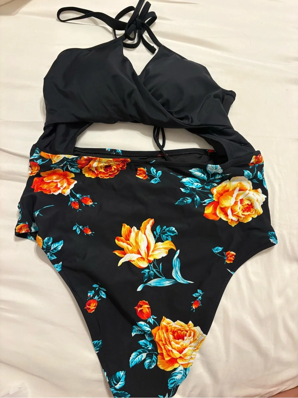 Cupshe Black One-Piece Swimsuit with Orange and Teal Floral Print